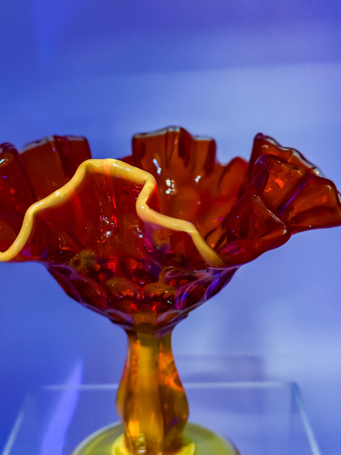 Fenton Amberina Glass Ruffled Compote – Thumbprint Pattern, Ruby to Amber, c. 1960s–70s