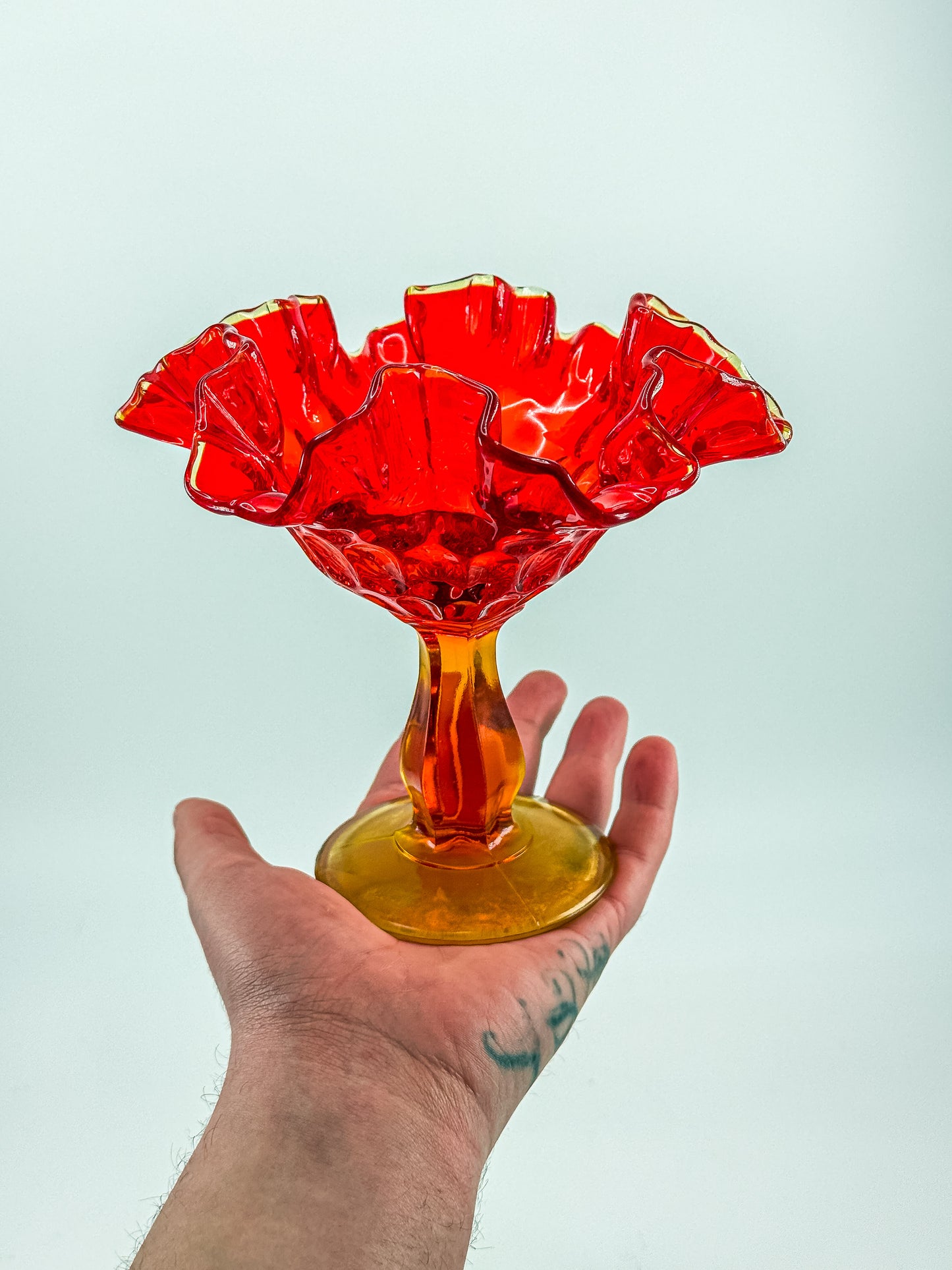 Fenton Amberina Glass Ruffled Compote – Thumbprint Pattern, Ruby to Amber, c. 1960s–70s