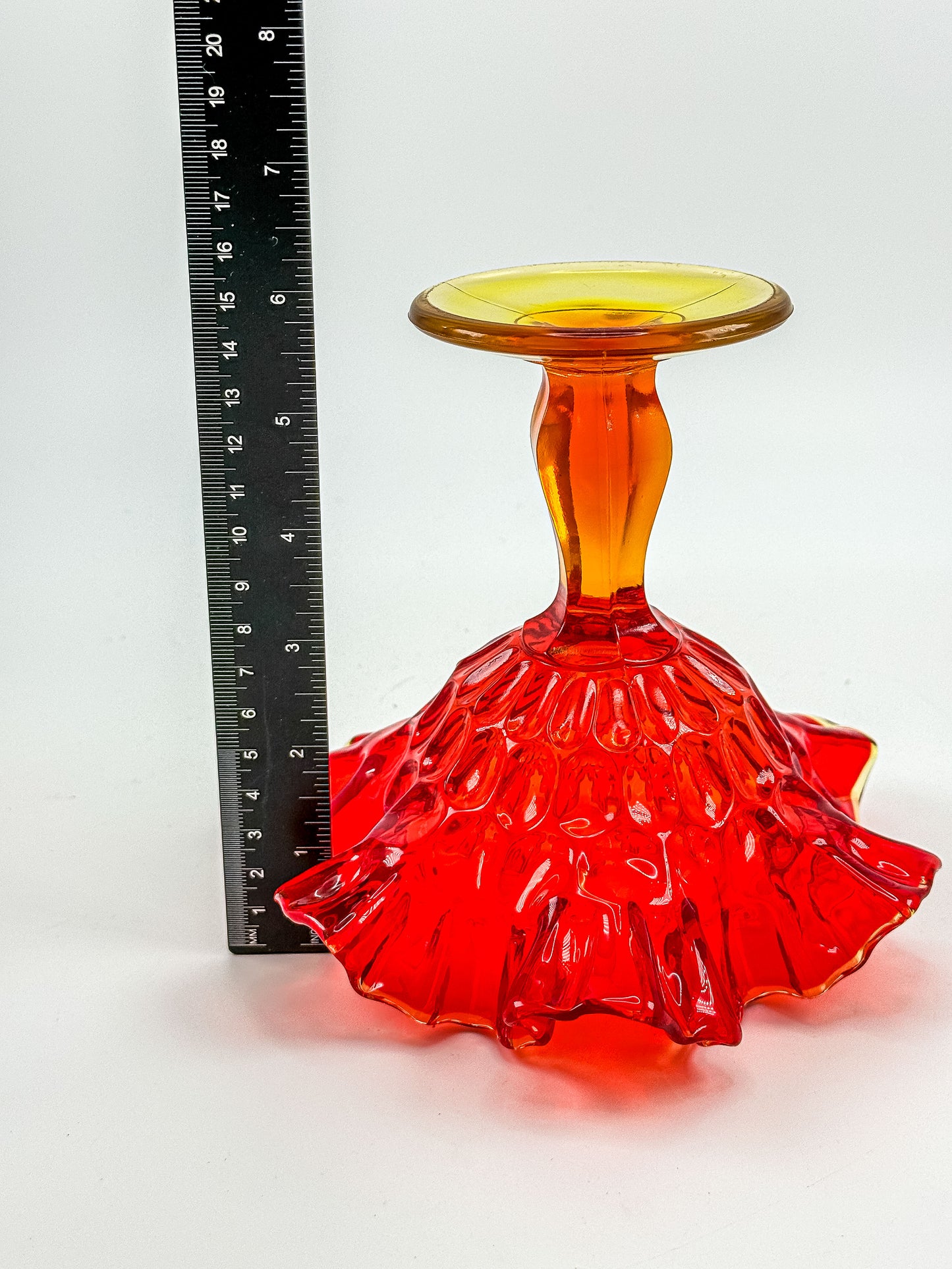 Fenton Amberina Glass Ruffled Compote – Thumbprint Pattern, Ruby to Amber, c. 1960s–70s