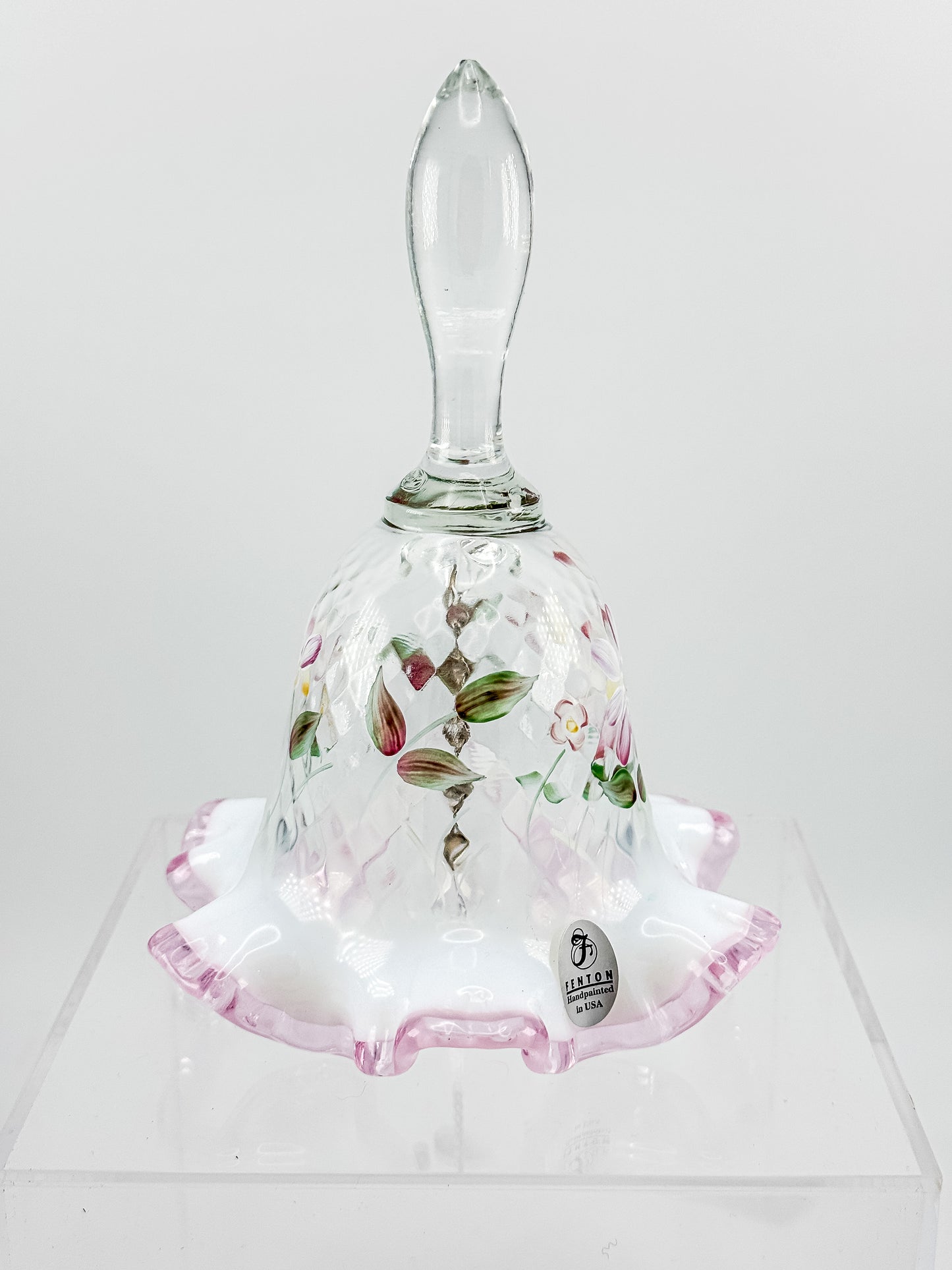 Fenton Glass Bell – Optic with Cranberry Edge, Hand Painted & Signed