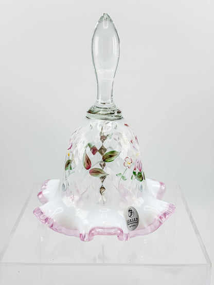 Fenton Glass Bell – Optic with Cranberry Edge, Hand Painted & Signed