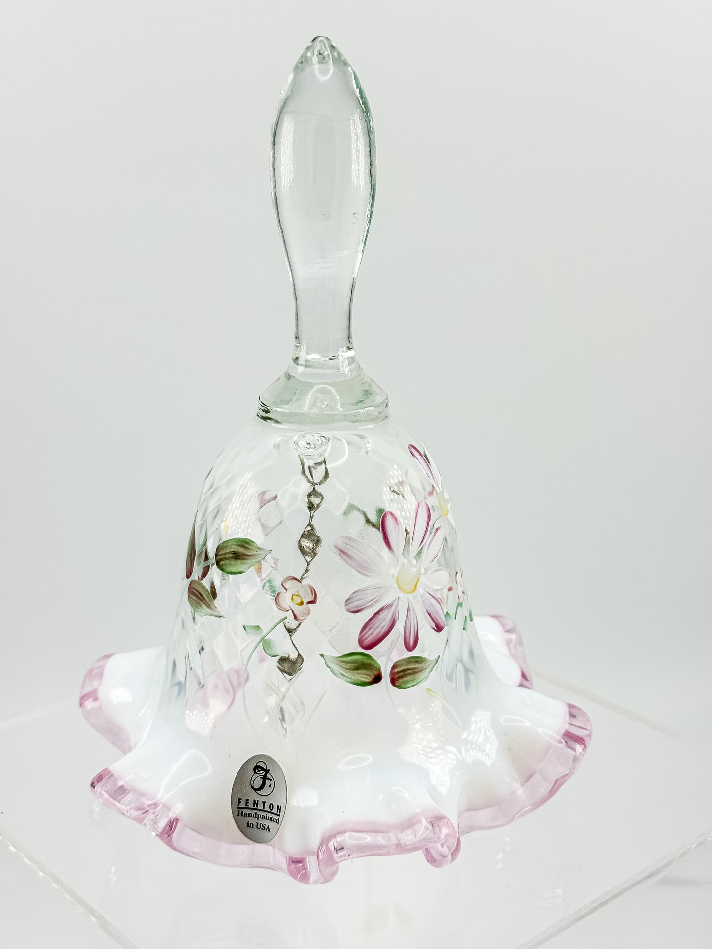Fenton Glass Bell – Optic with Cranberry Edge, Hand Painted & Signed