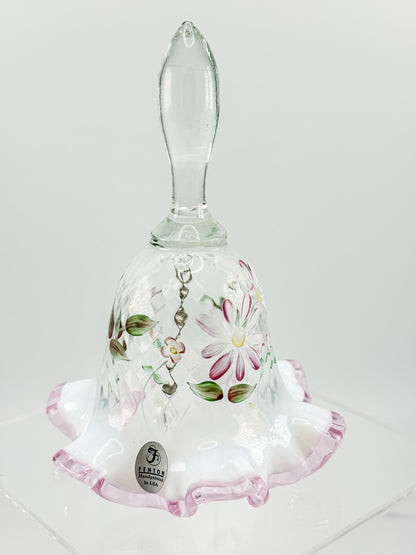 Fenton Glass Bell – Optic with Cranberry Edge, Hand Painted & Signed