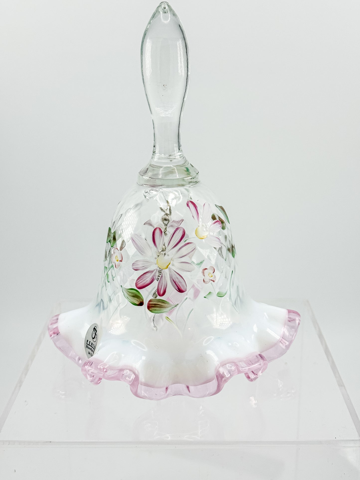 Fenton Glass Bell – Optic with Cranberry Edge, Hand Painted & Signed
