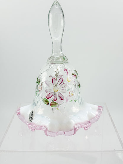Fenton Glass Bell – Optic with Cranberry Edge, Hand Painted & Signed