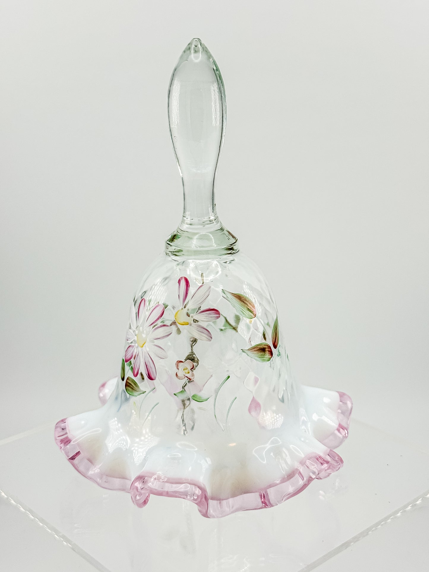 Fenton Glass Bell – Optic with Cranberry Edge, Hand Painted & Signed