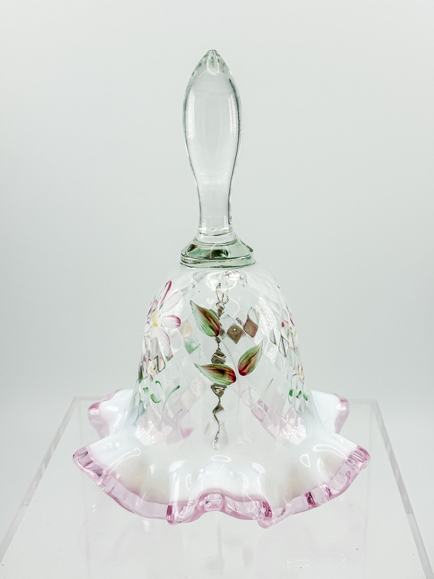 Fenton Glass Bell – Optic with Cranberry Edge, Hand Painted & Signed