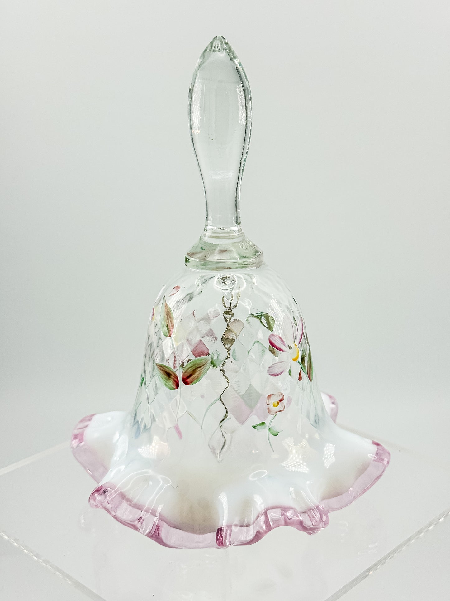 Fenton Glass Bell – Optic with Cranberry Edge, Hand Painted & Signed