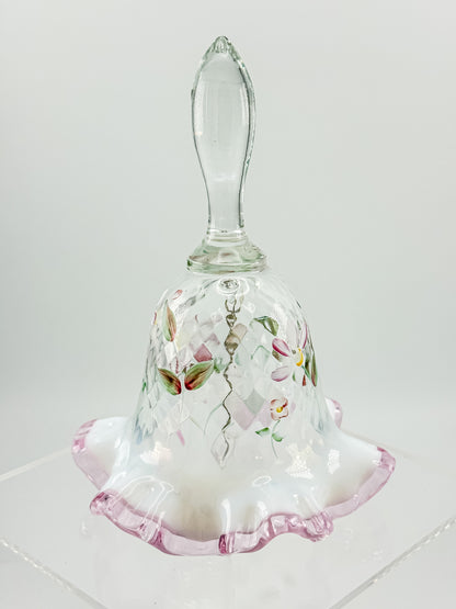 Fenton Glass Bell – Optic with Cranberry Edge, Hand Painted & Signed