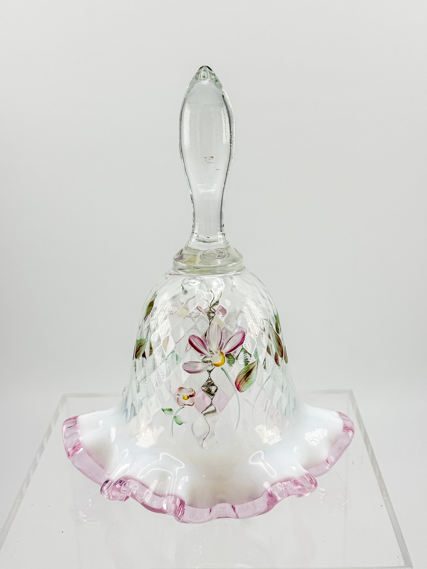 Fenton Glass Bell – Optic with Cranberry Edge, Hand Painted & Signed