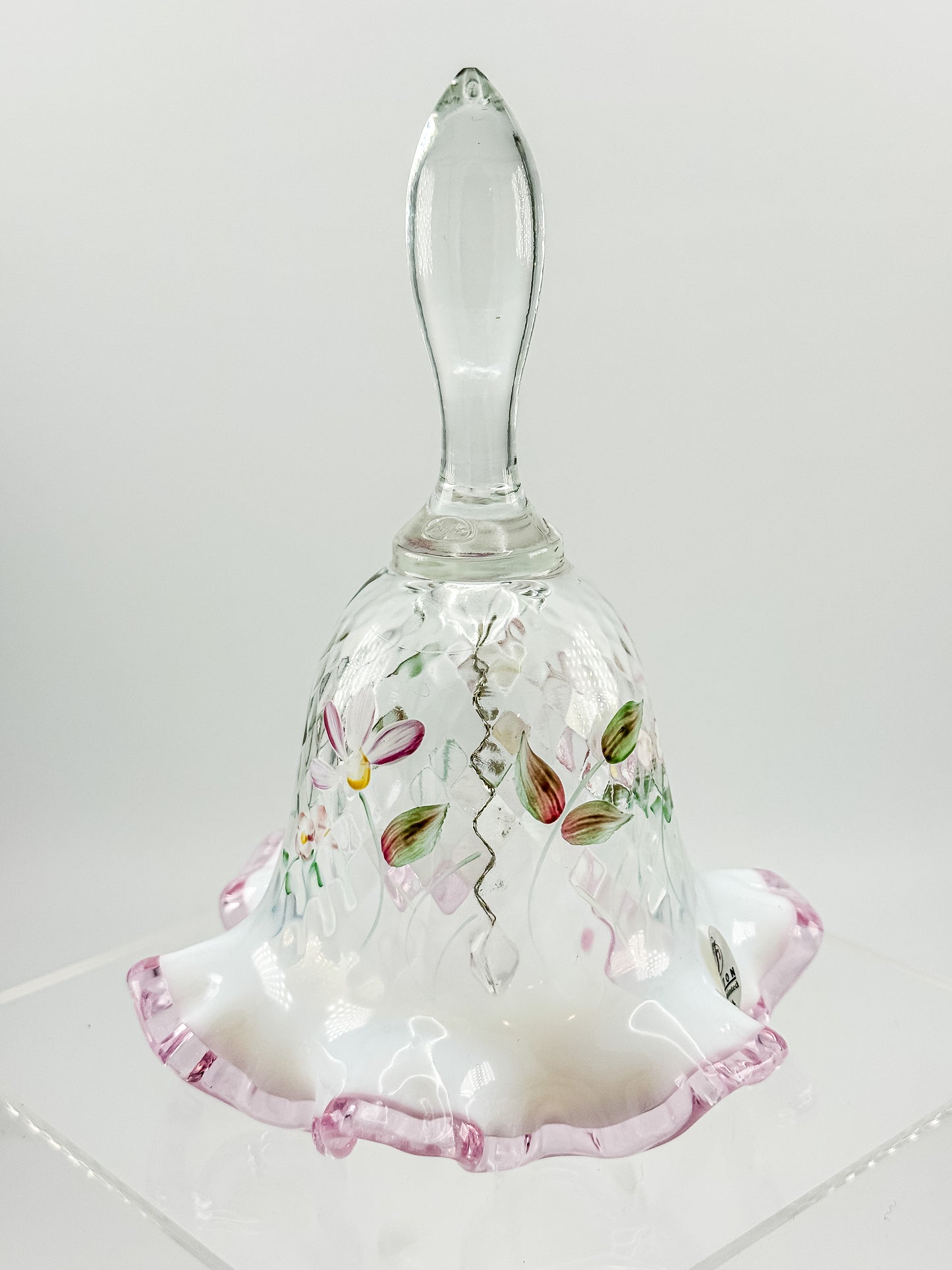 Fenton Glass Bell – Optic with Cranberry Edge, Hand Painted & Signed
