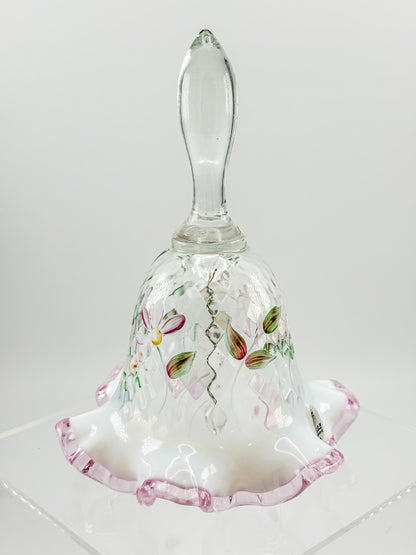 Fenton Glass Bell – Optic with Cranberry Edge, Hand Painted & Signed