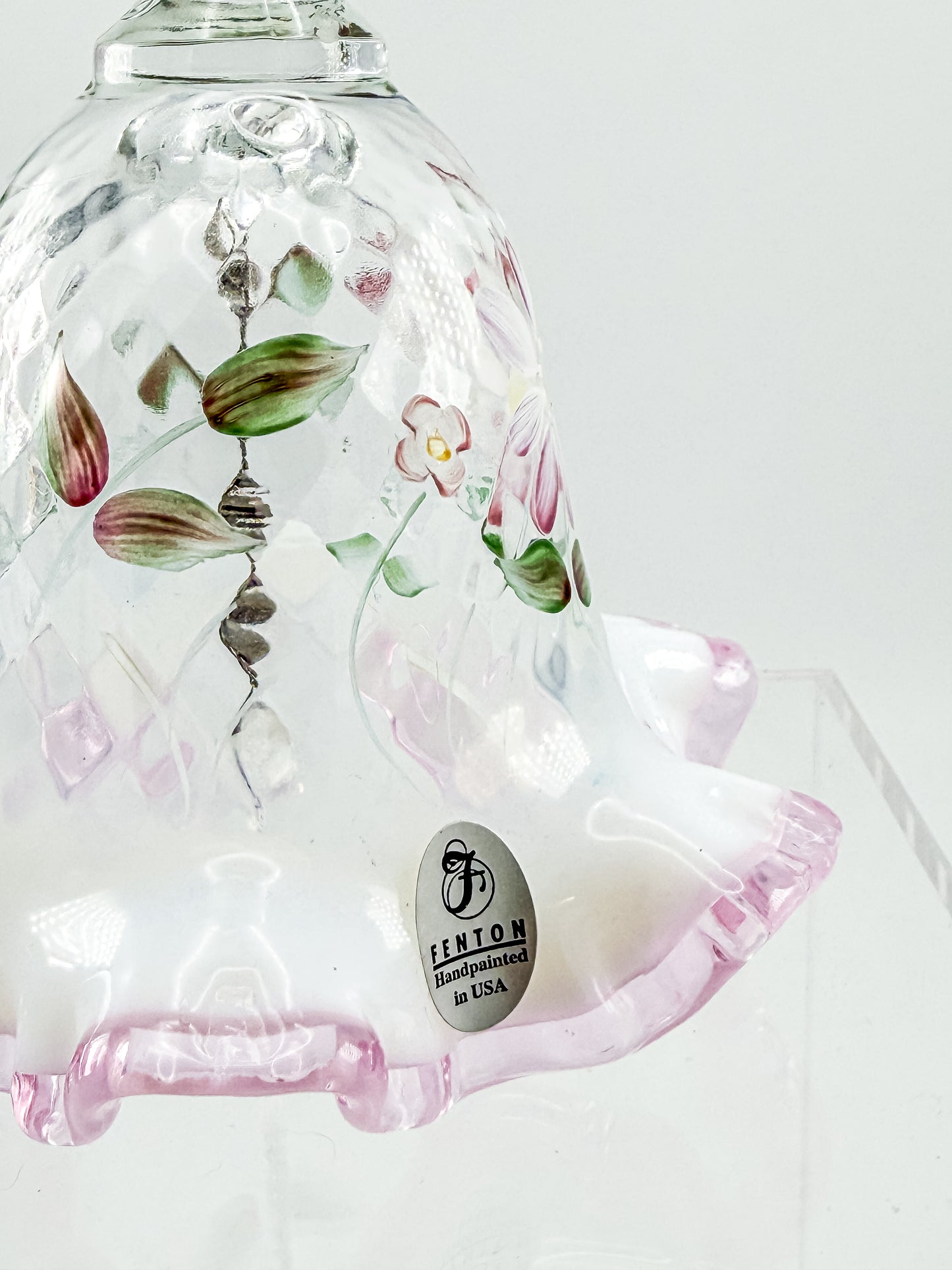 Fenton Glass Bell – Optic with Cranberry Edge, Hand Painted & Signed