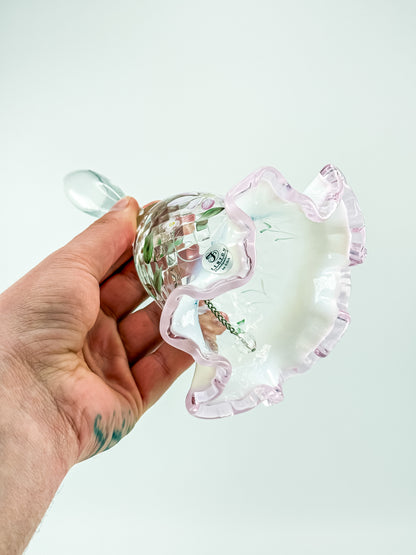 Fenton Glass Bell – Optic with Cranberry Edge, Hand Painted & Signed