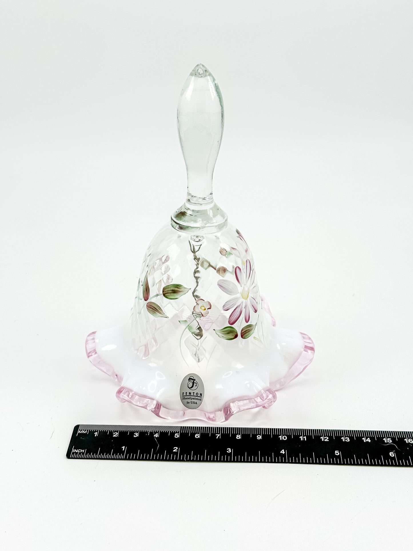 Fenton Glass Bell – Optic with Cranberry Edge, Hand Painted & Signed