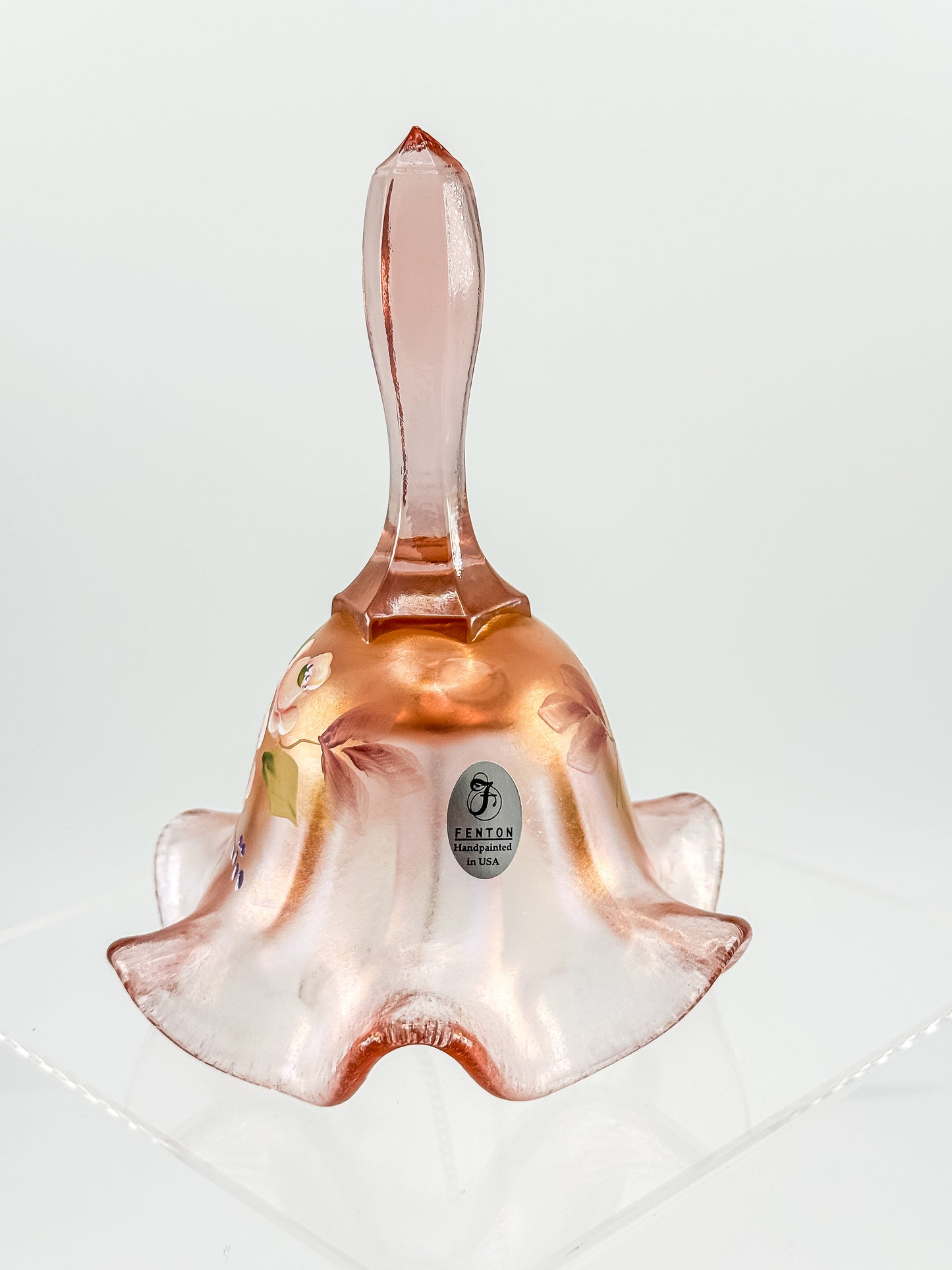 Fenton Bell – Pink Frosted Iridescent (Rich Peach), Hand Painted Roses, Artist Signed