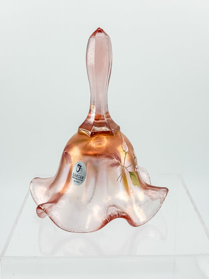 Fenton Bell – Pink Frosted Iridescent (Rich Peach), Hand Painted Roses, Artist Signed