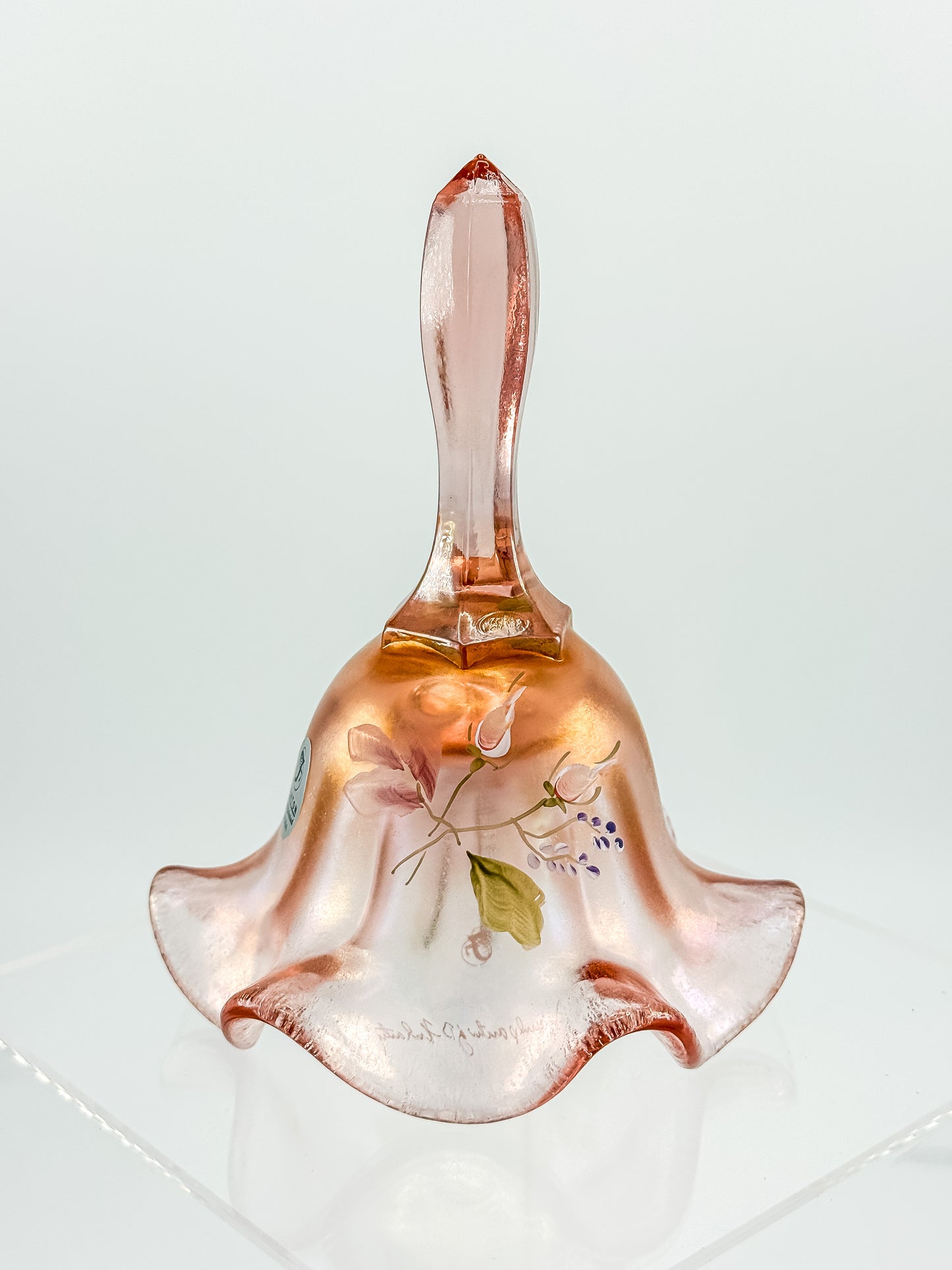 Fenton Bell – Pink Frosted Iridescent (Rich Peach), Hand Painted Roses, Artist Signed