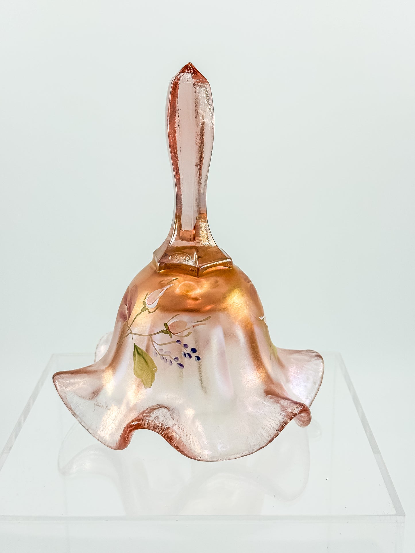 Fenton Bell – Pink Frosted Iridescent (Rich Peach), Hand Painted Roses, Artist Signed