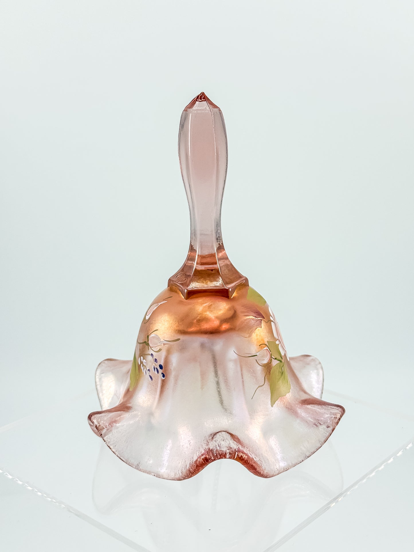 Fenton Bell – Pink Frosted Iridescent (Rich Peach), Hand Painted Roses, Artist Signed