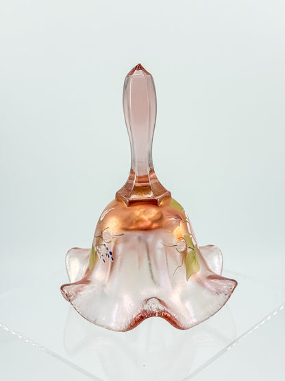 Fenton Bell – Pink Frosted Iridescent (Rich Peach), Hand Painted Roses, Artist Signed