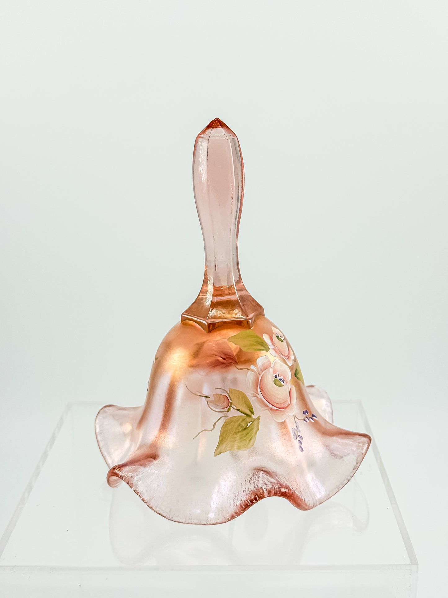 Fenton Bell – Pink Frosted Iridescent (Rich Peach), Hand Painted Roses, Artist Signed