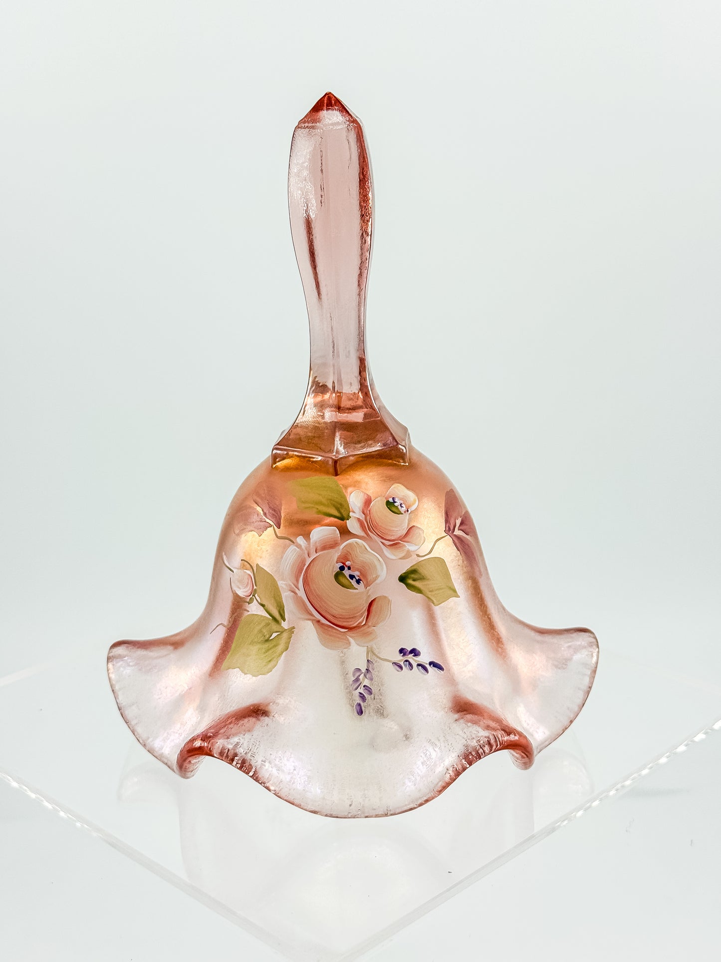 Fenton Bell – Pink Frosted Iridescent (Rich Peach), Hand Painted Roses, Artist Signed