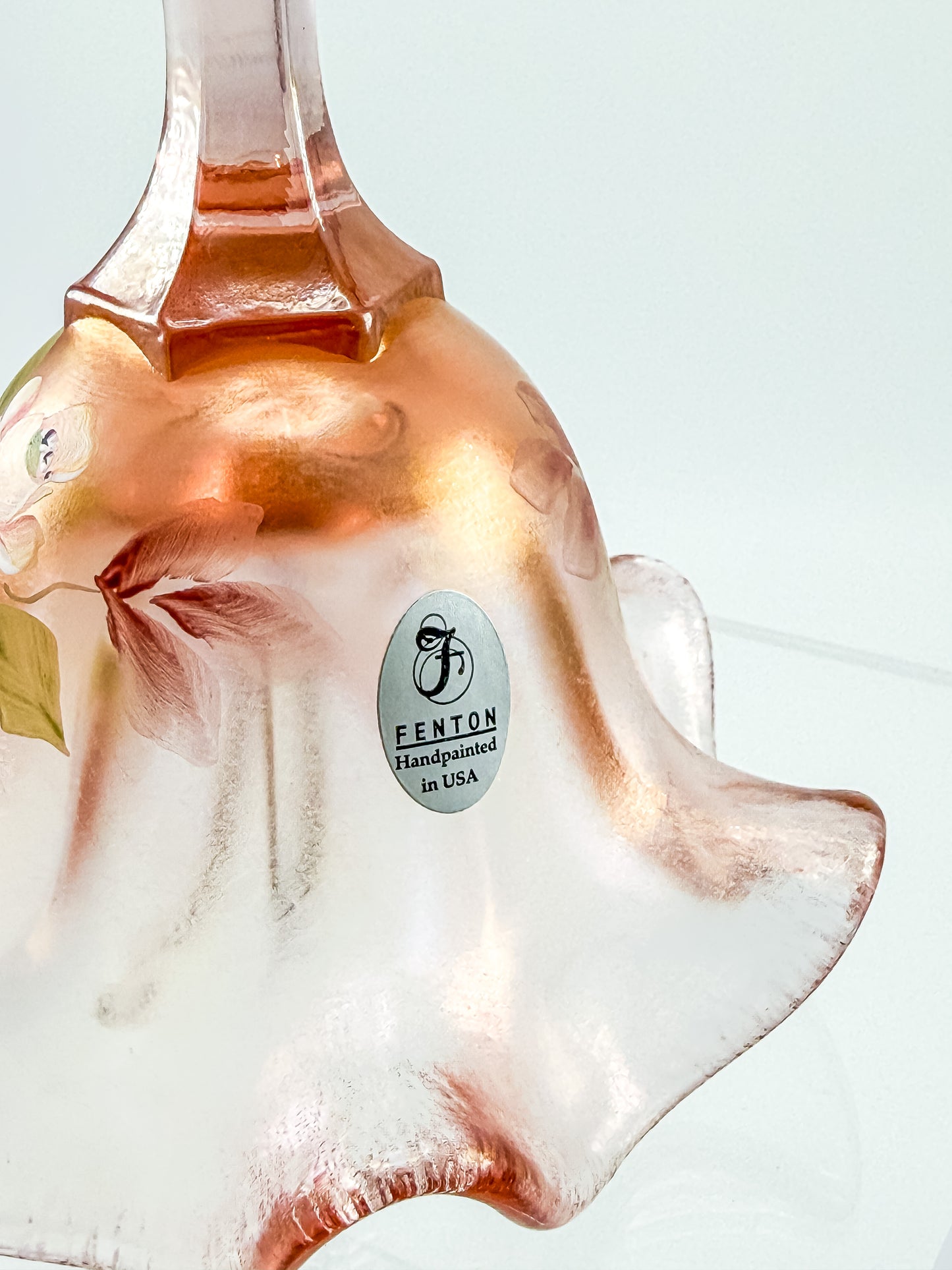 Fenton Bell – Pink Frosted Iridescent (Rich Peach), Hand Painted Roses, Artist Signed