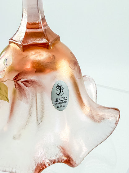 Fenton Bell – Pink Frosted Iridescent (Rich Peach), Hand Painted Roses, Artist Signed