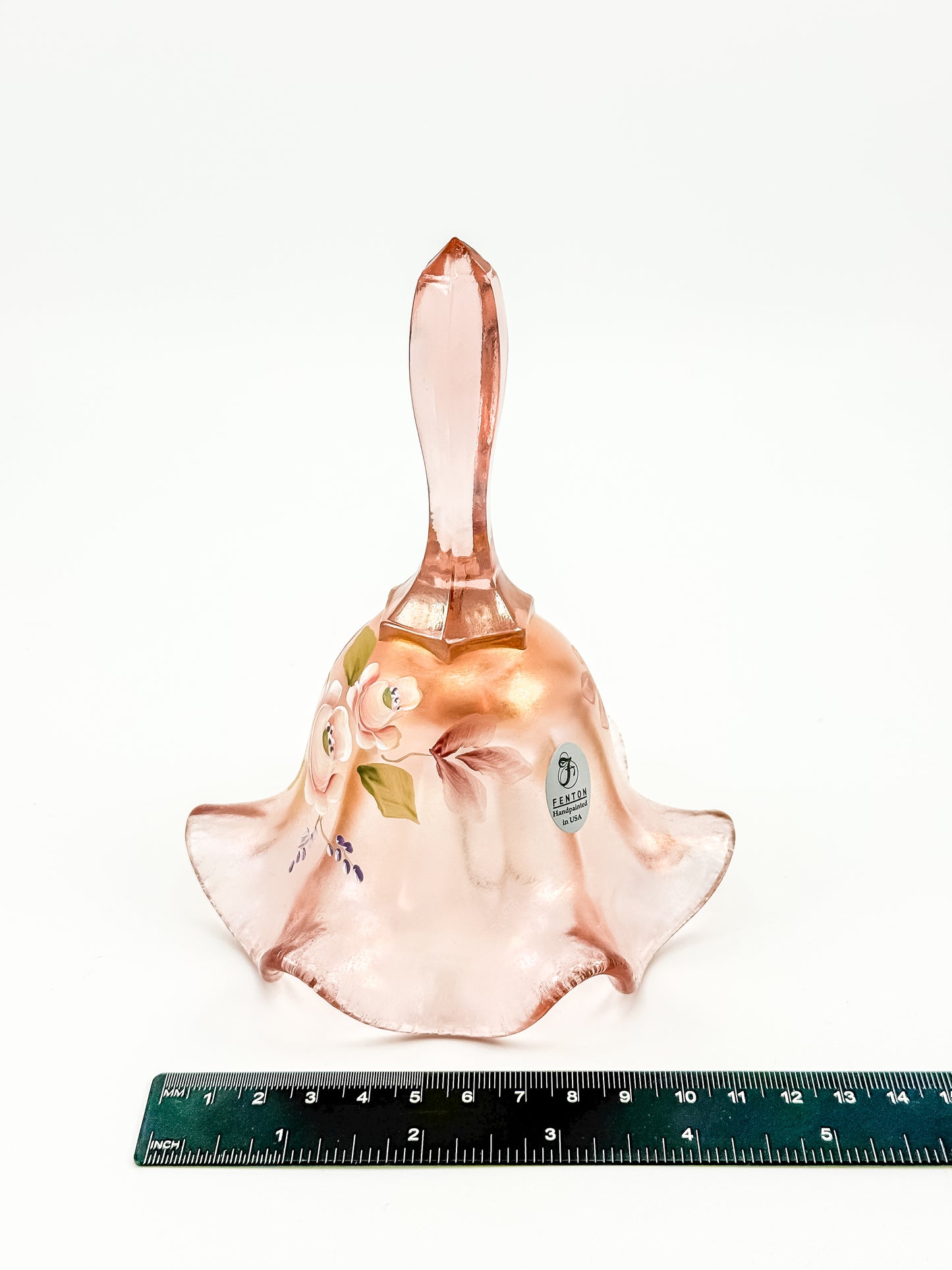 Fenton Bell – Pink Frosted Iridescent (Rich Peach), Hand Painted Roses, Artist Signed