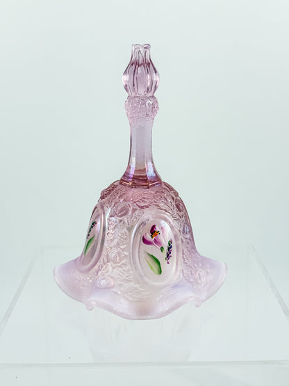 Fenton Bell – Pink Opalescent, Embossed Floral Cameos, Hand Painted Florals, Ruffled