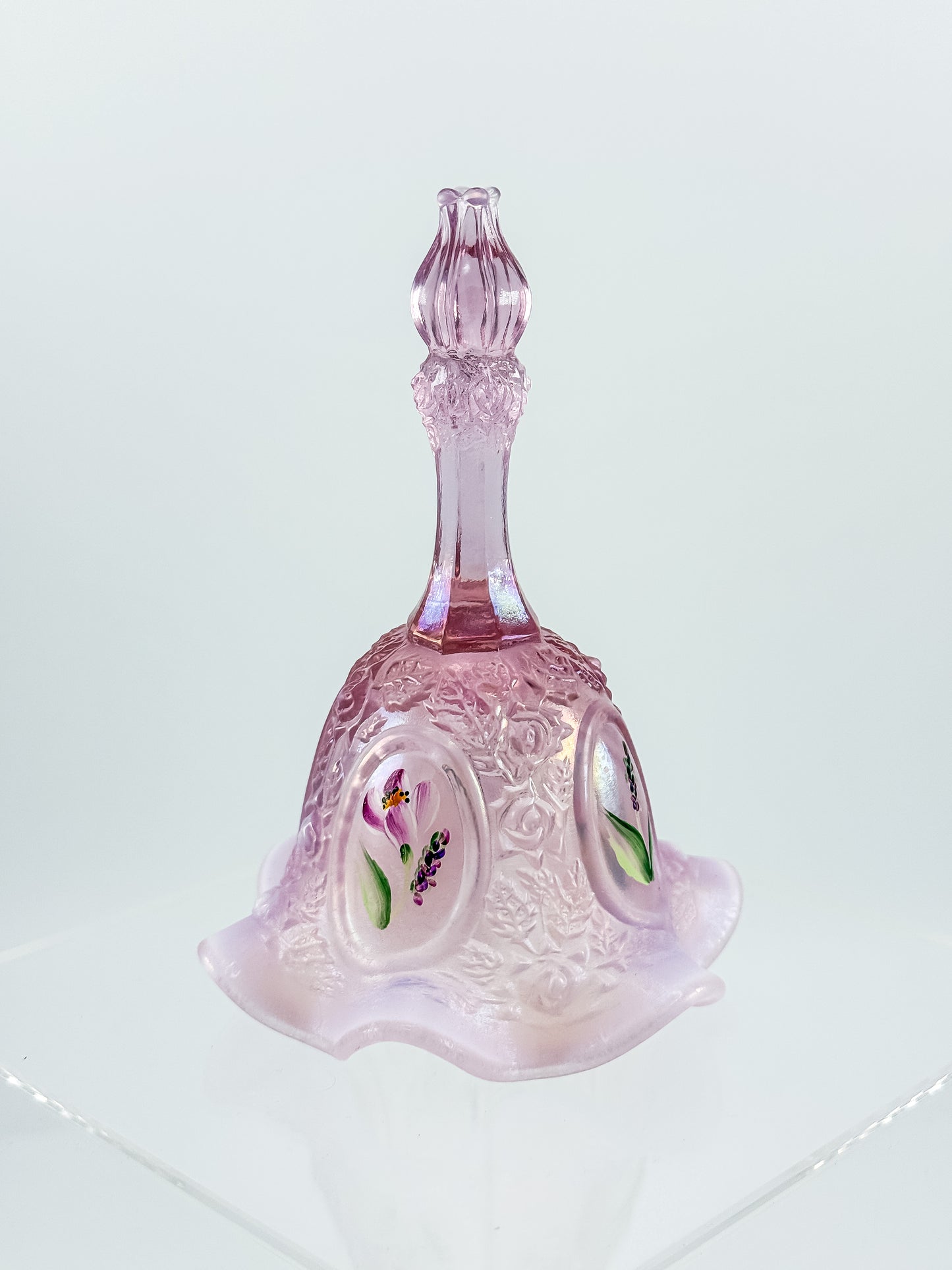 Fenton Bell – Pink Opalescent, Embossed Floral Cameos, Hand Painted Florals, Ruffled