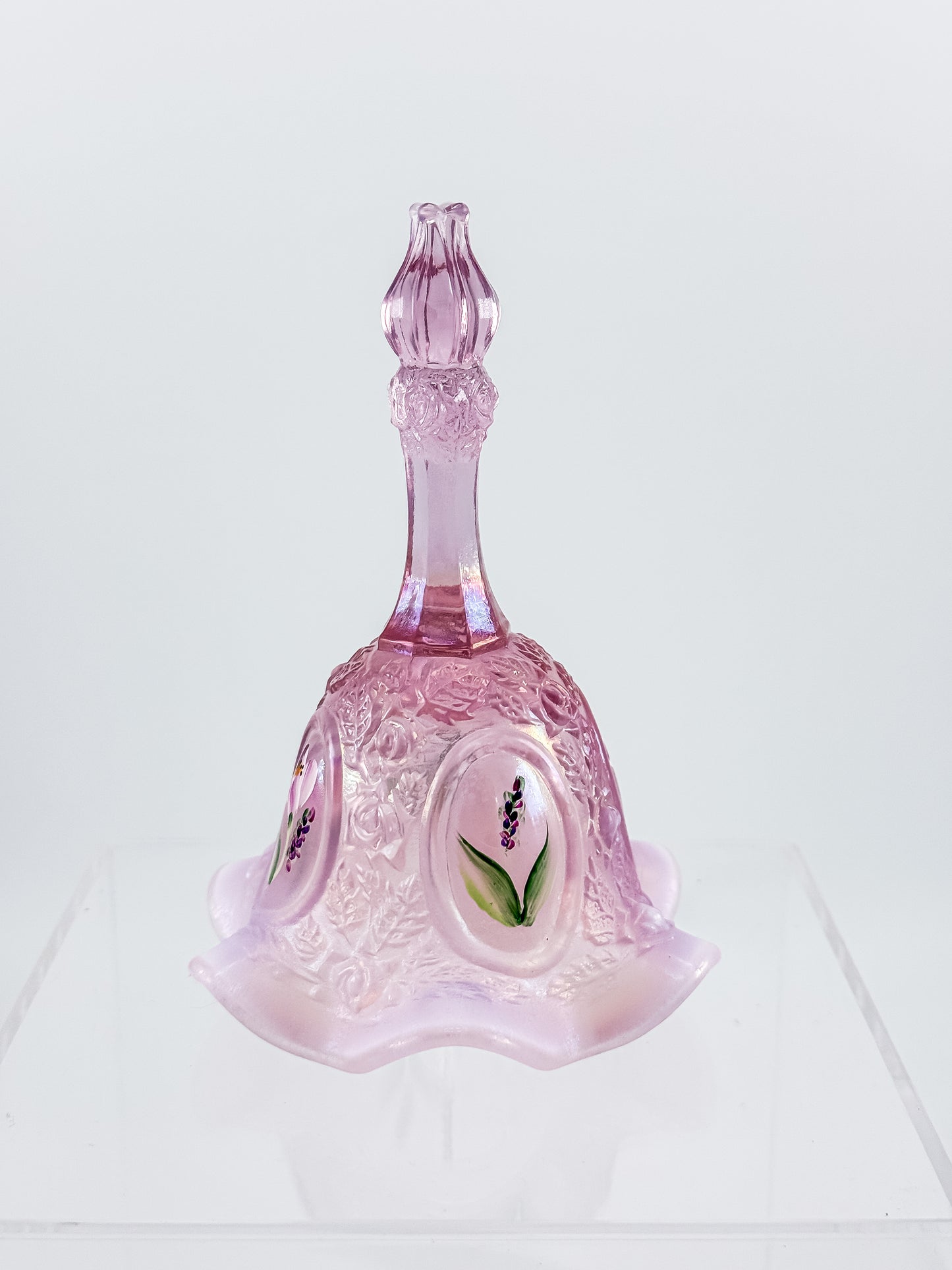 Fenton Bell – Pink Opalescent, Embossed Floral Cameos, Hand Painted Florals, Ruffled