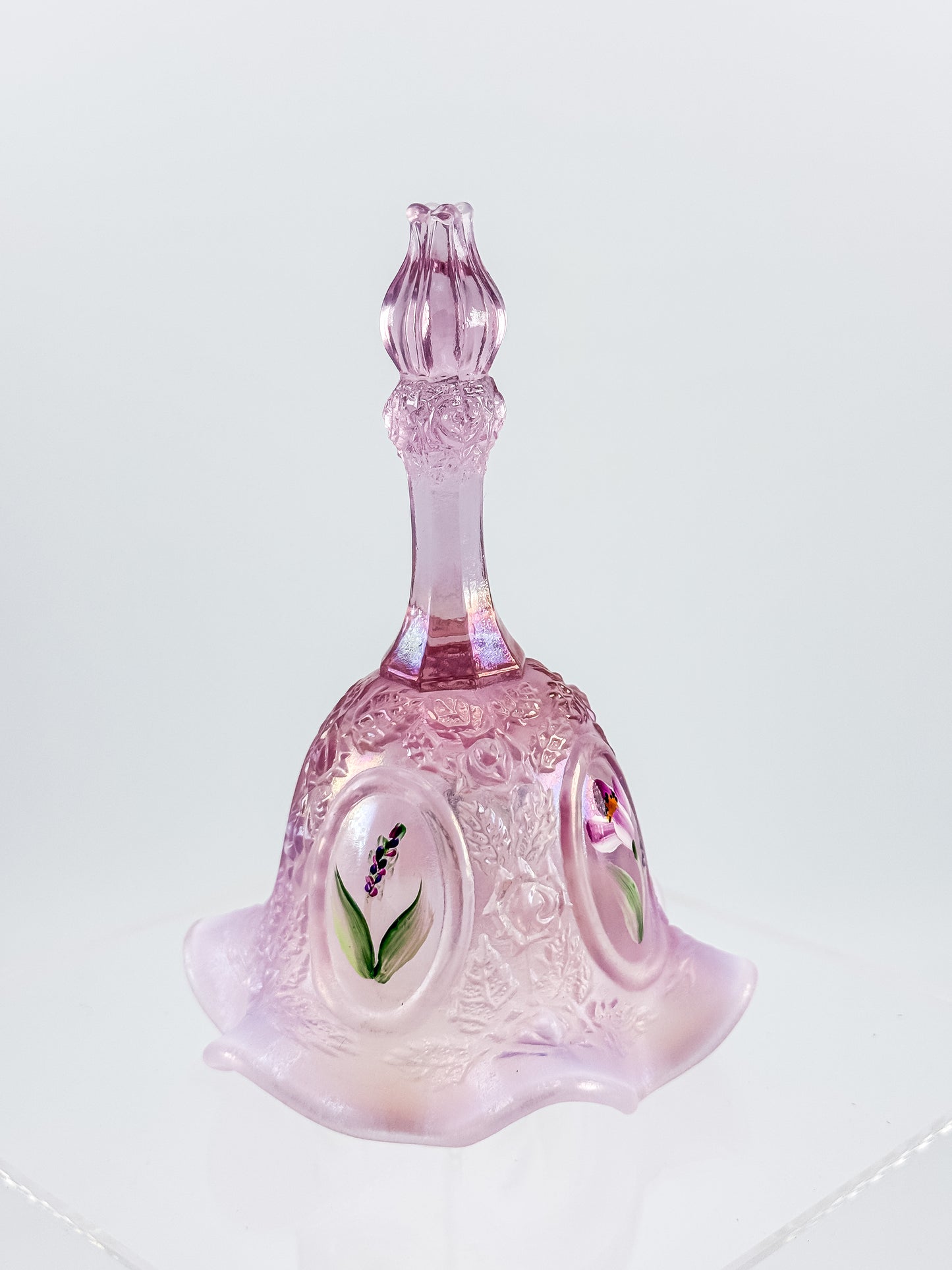 Fenton Bell – Pink Opalescent, Embossed Floral Cameos, Hand Painted Florals, Ruffled
