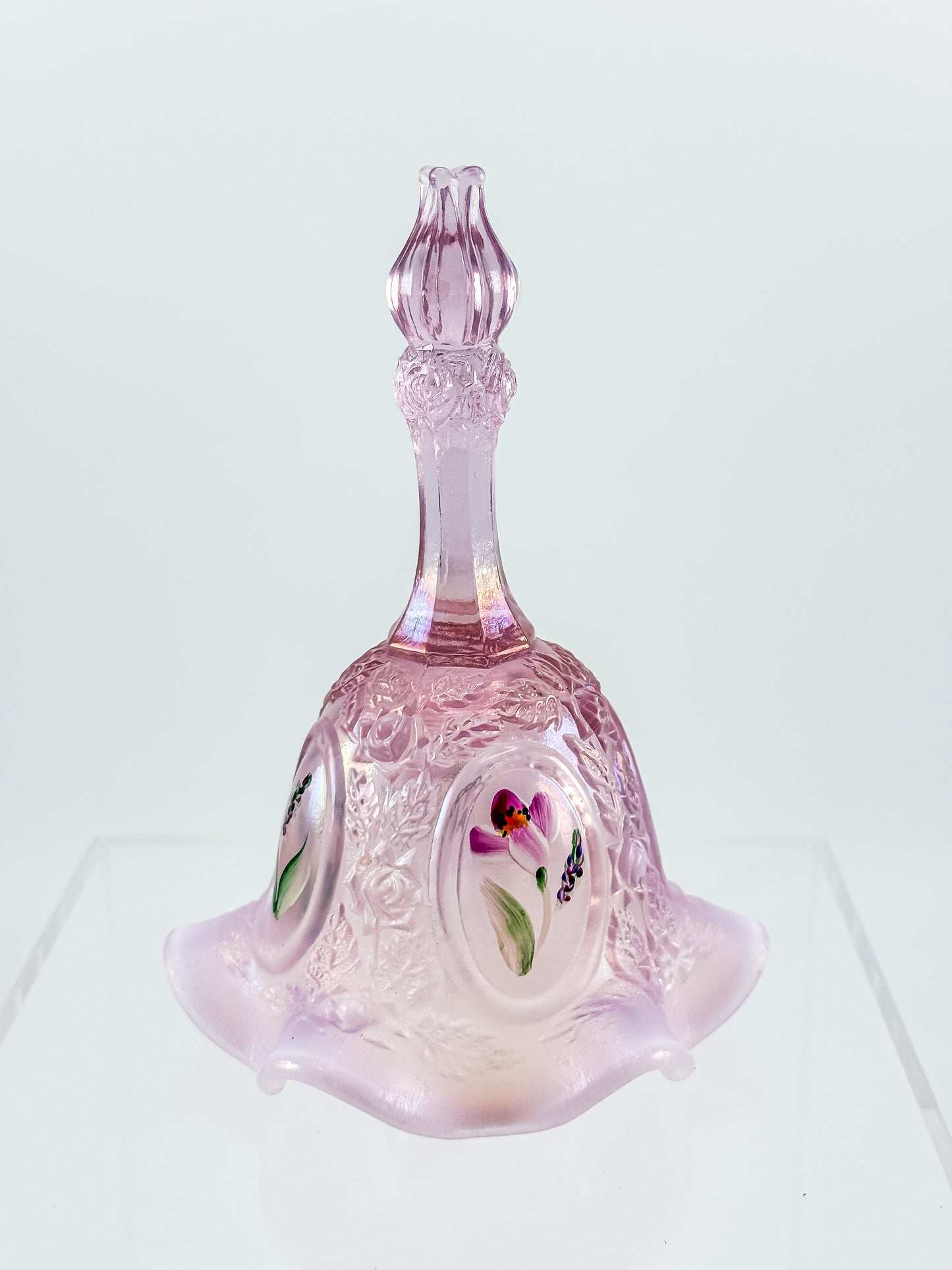 Fenton Bell – Pink Opalescent, Embossed Floral Cameos, Hand Painted Florals, Ruffled