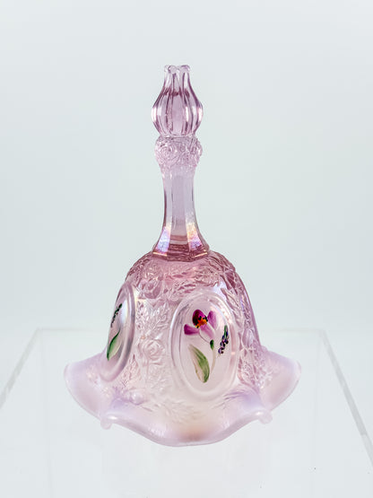 Fenton Bell – Pink Opalescent, Embossed Floral Cameos, Hand Painted Florals, Ruffled
