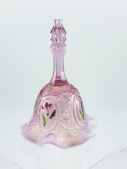 Fenton Bell – Pink Opalescent, Embossed Floral Cameos, Hand Painted Florals, Ruffled