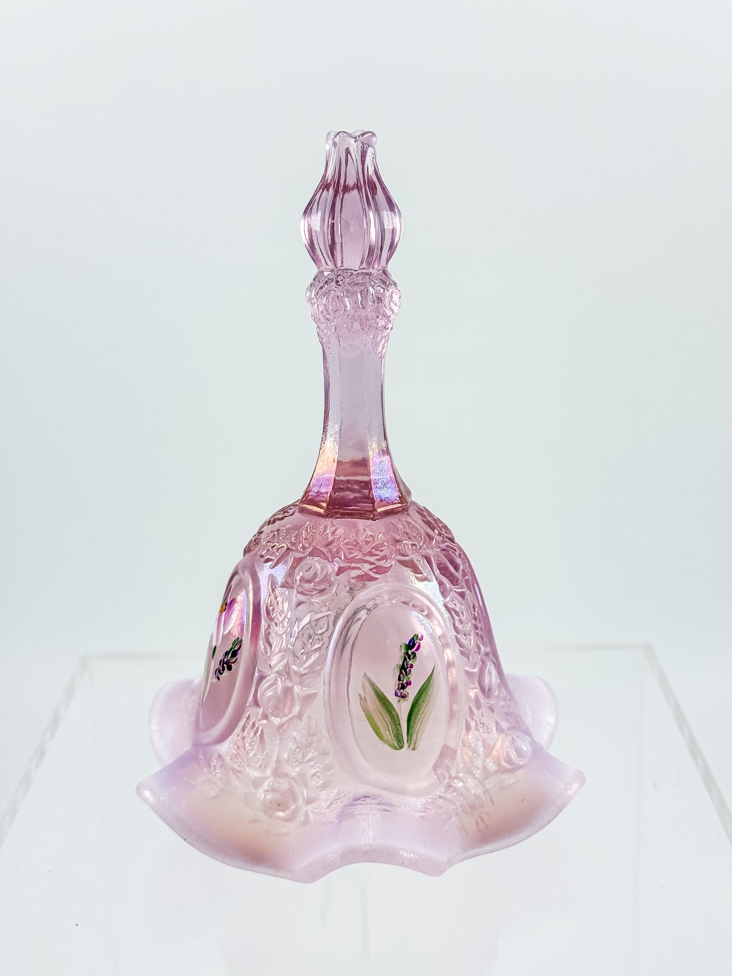 Fenton Bell – Pink Opalescent, Embossed Floral Cameos, Hand Painted Florals, Ruffled