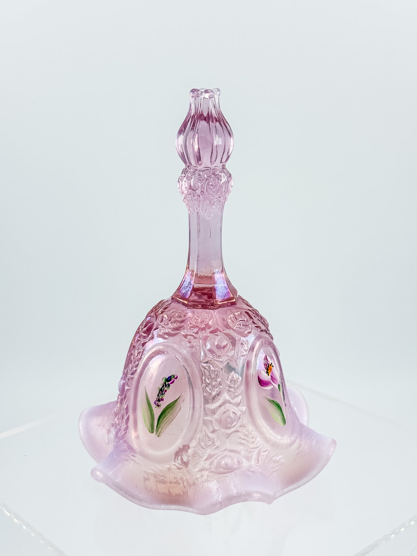 Fenton Bell – Pink Opalescent, Embossed Floral Cameos, Hand Painted Florals, Ruffled