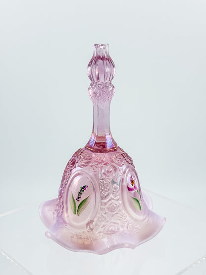 Fenton Bell – Pink Opalescent, Embossed Floral Cameos, Hand Painted Florals, Ruffled