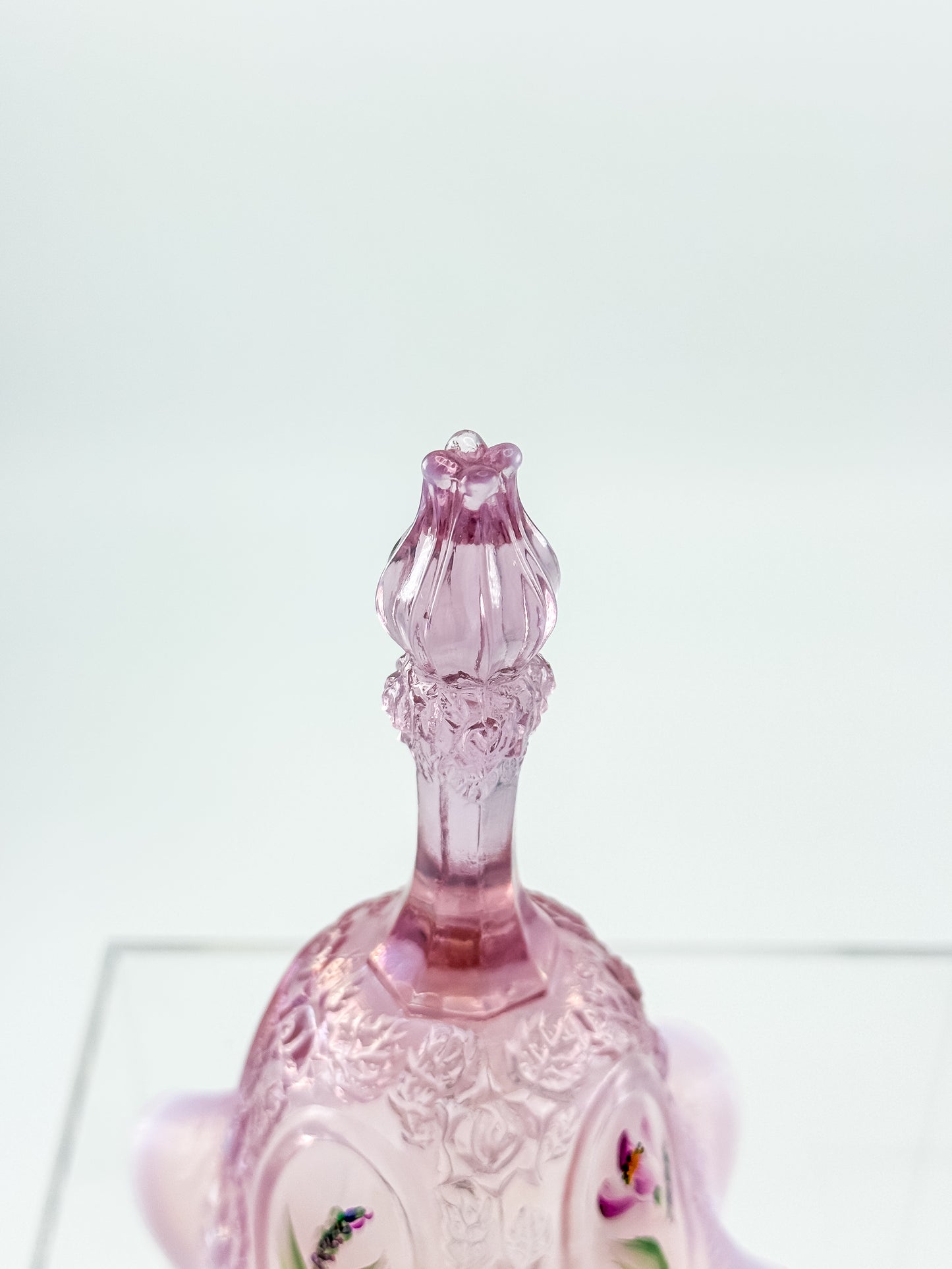 Fenton Bell – Pink Opalescent, Embossed Floral Cameos, Hand Painted Florals, Ruffled