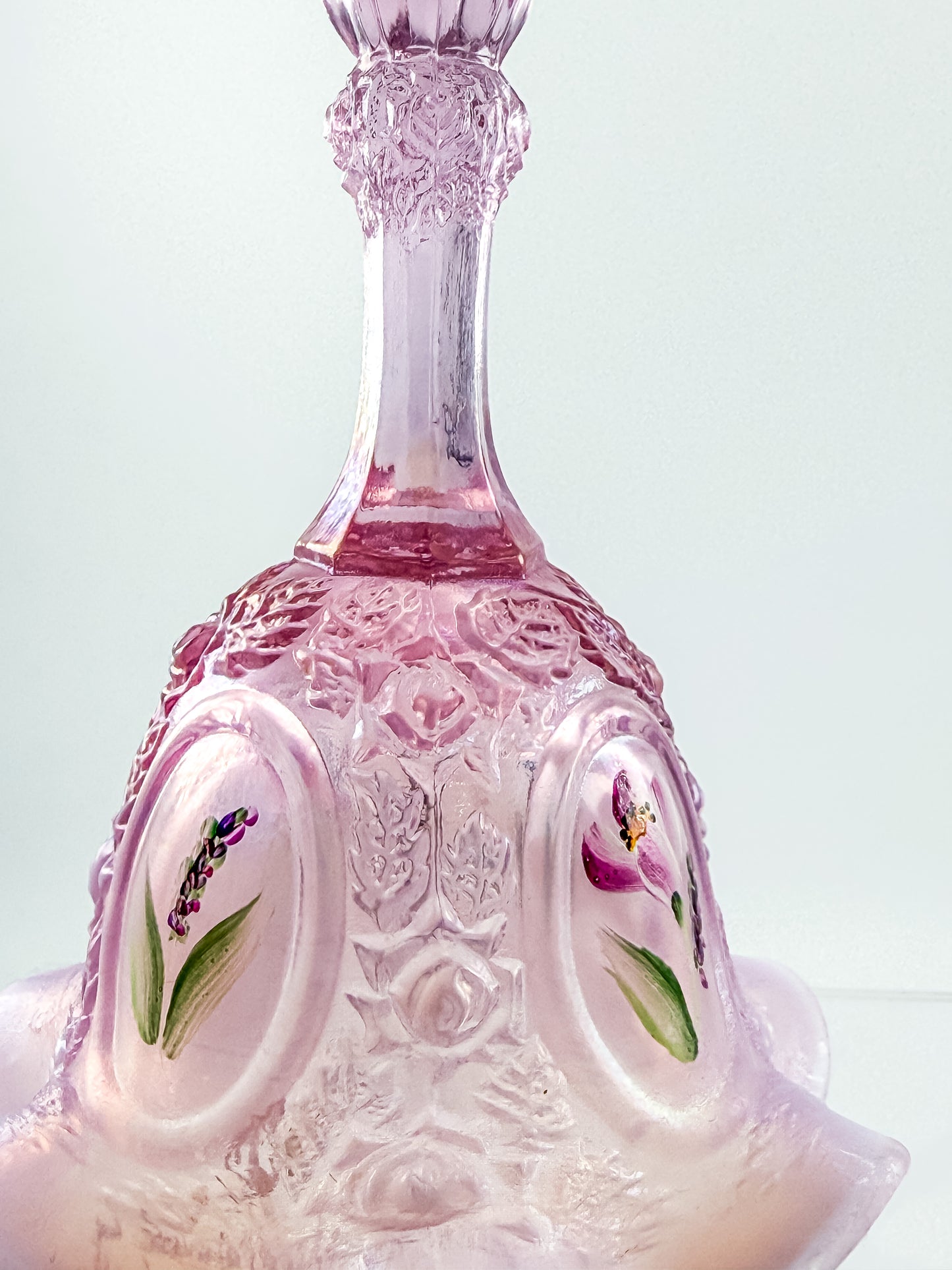 Fenton Bell – Pink Opalescent, Embossed Floral Cameos, Hand Painted Florals, Ruffled