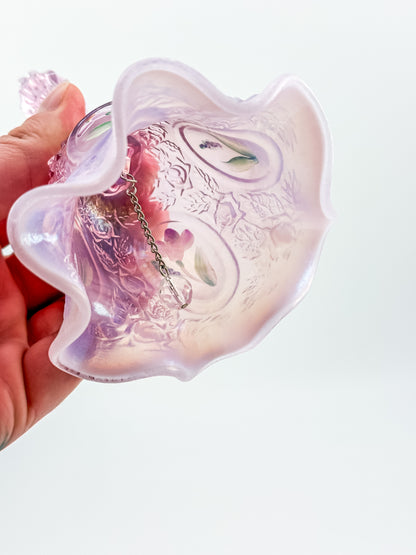 Fenton Bell – Pink Opalescent, Embossed Floral Cameos, Hand Painted Florals, Ruffled