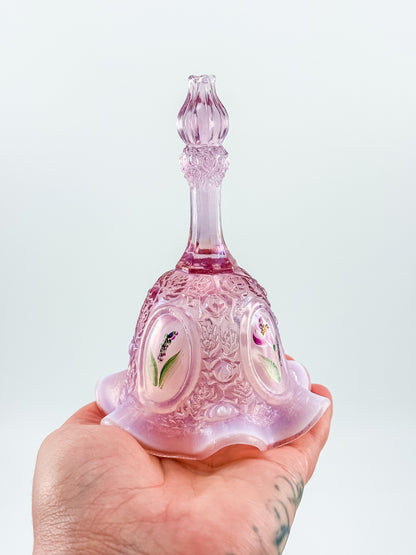 Fenton Bell – Pink Opalescent, Embossed Floral Cameos, Hand Painted Florals, Ruffled