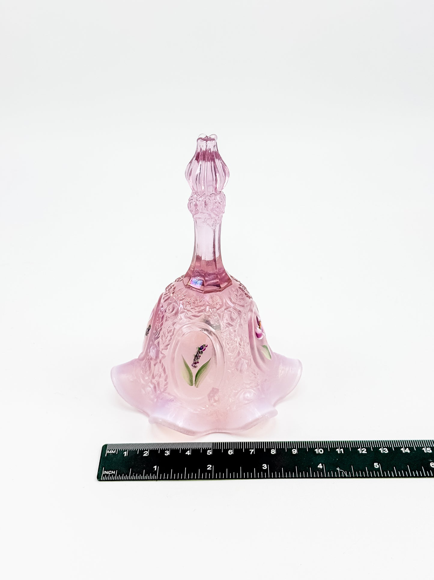 Fenton Bell – Pink Opalescent, Embossed Floral Cameos, Hand Painted Florals, Ruffled