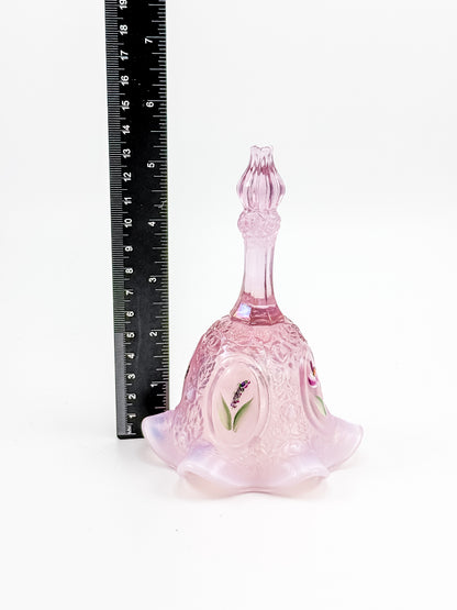 Fenton Bell – Pink Opalescent, Embossed Floral Cameos, Hand Painted Florals, Ruffled
