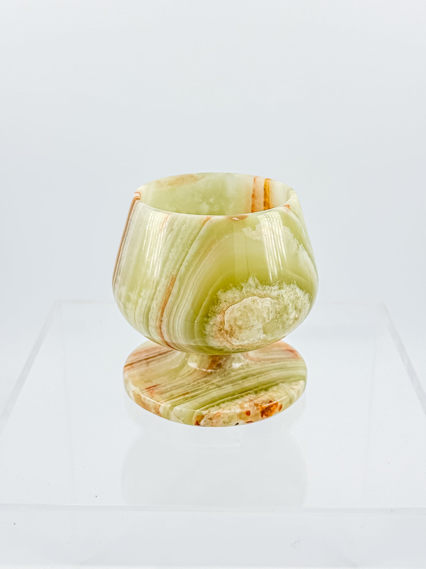 Green Banded Onyx Mini Goblet – Hand-Carved Stone, Tulip Bowl, Disc Base