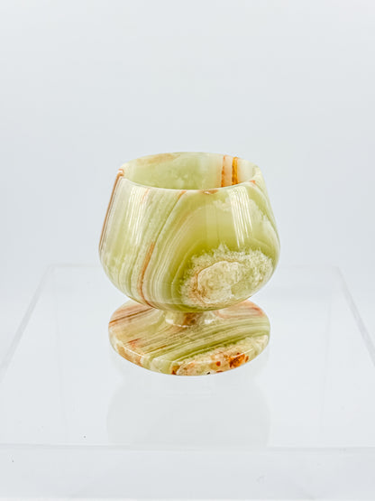 Green Banded Onyx Mini Goblet – Hand-Carved Stone, Tulip Bowl, Disc Base