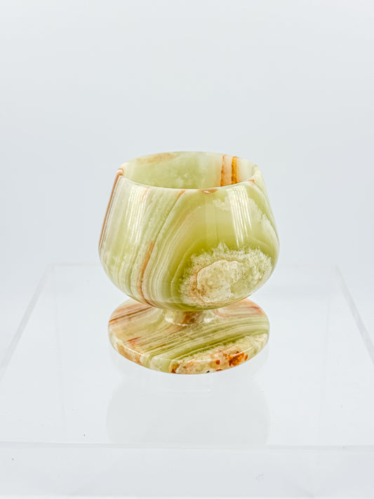 Green Banded Onyx Mini Goblet – Hand-Carved Stone, Tulip Bowl, Disc Base