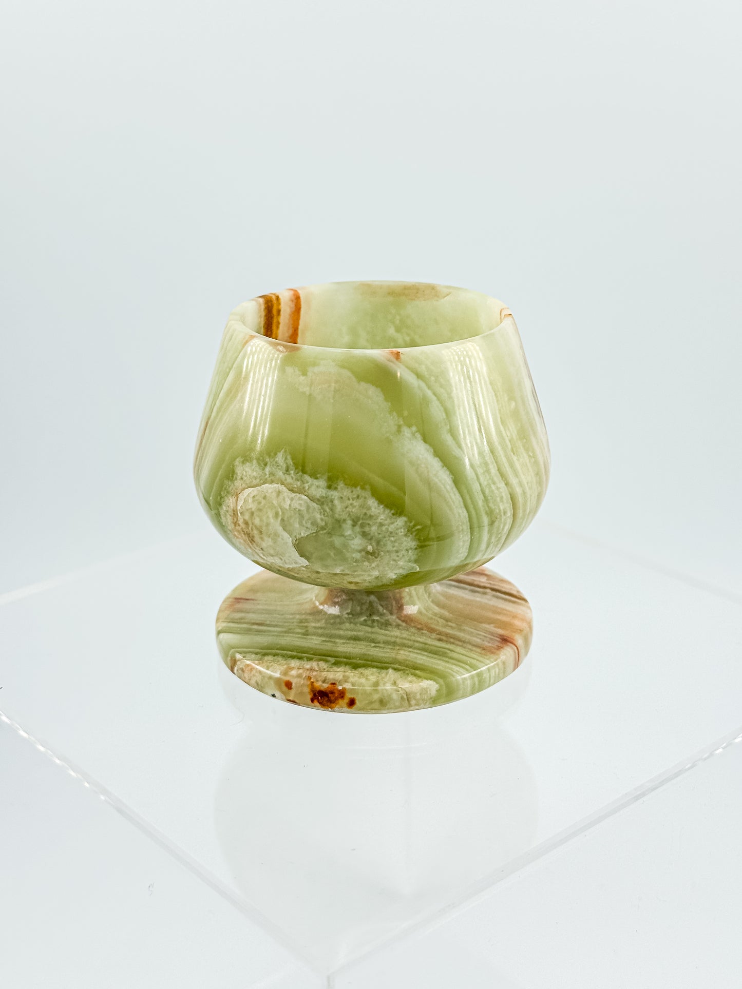 Green Banded Onyx Mini Goblet – Hand-Carved Stone, Tulip Bowl, Disc Base